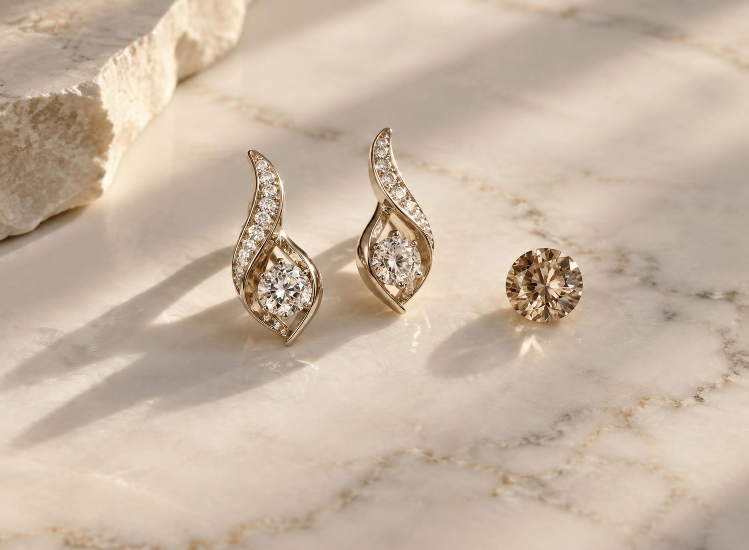 Diamond earrings and a champagne diamond on ivory marble