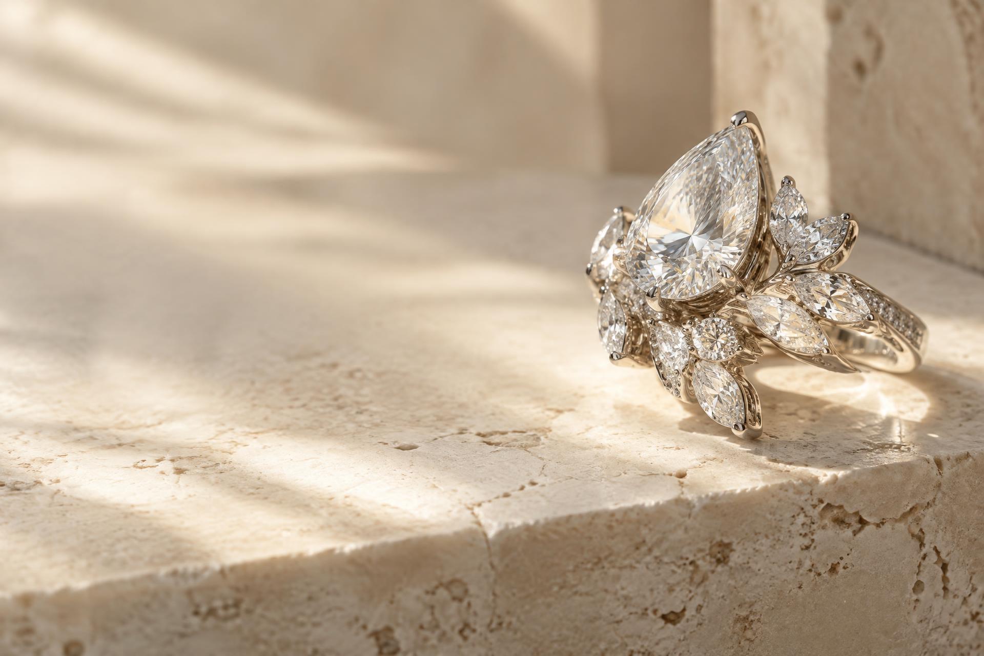 Sculptural bespoke pear diamond ring on ivory stone