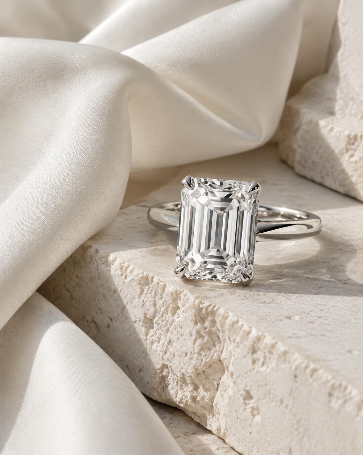 Emerald-cut bespoke diamond ring on ivory silk